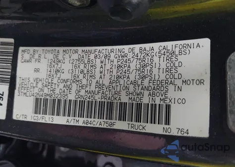 2009 Toyota Tacoma Base V6 из США, поврежденный, VIN 3TMLU42N49M032395